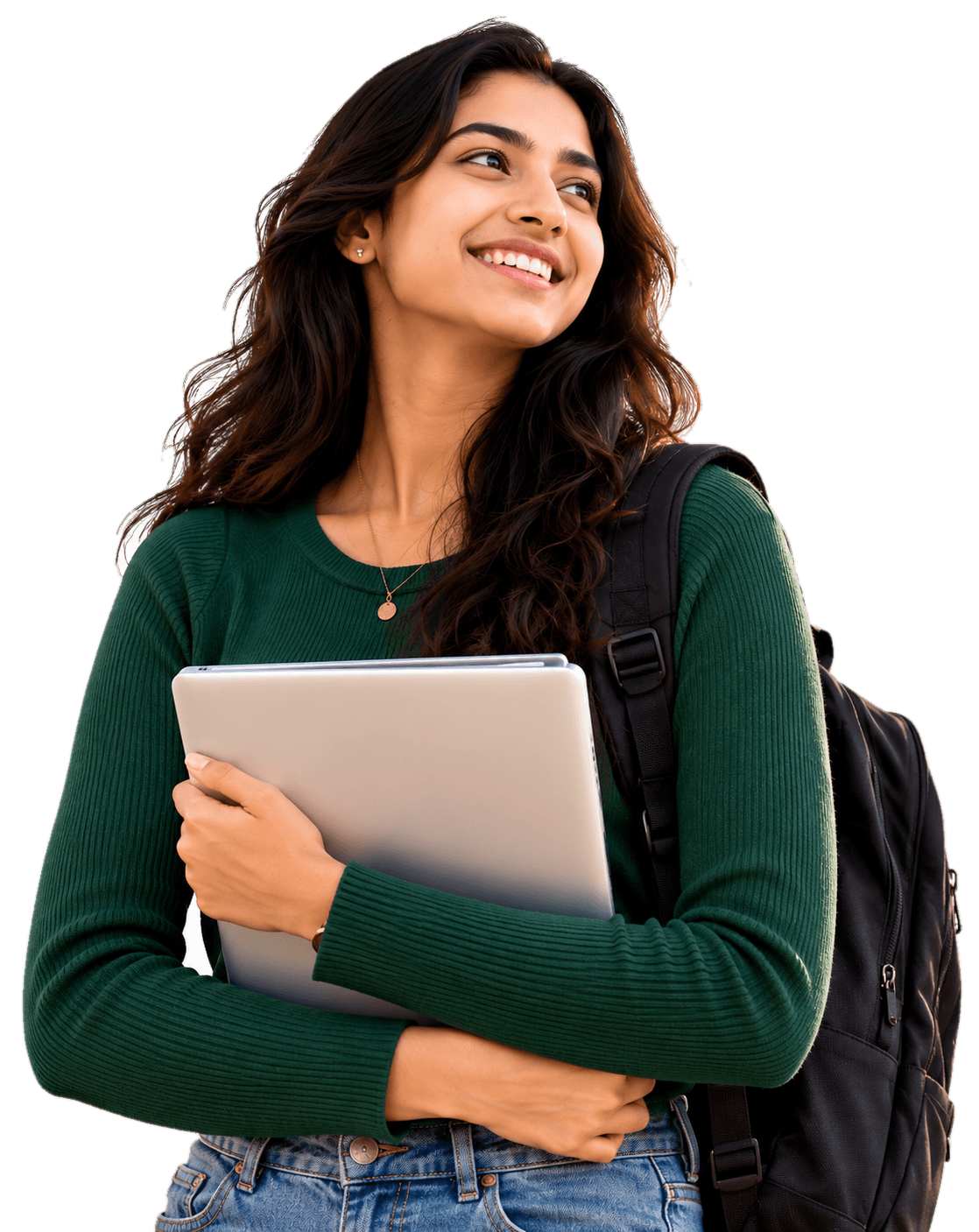 Smiling female student holding a laptop with a backpack