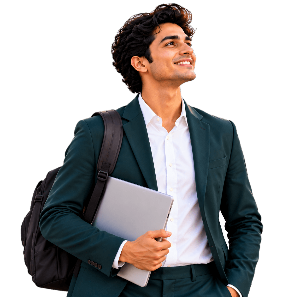 Upward-looking young professional in a green blazer holding a laptop