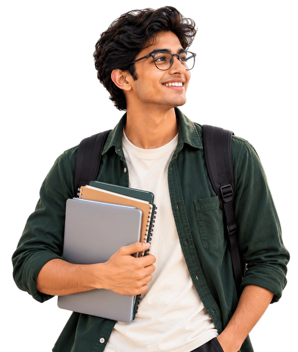 Cheerful student with glasses holding a laptop and notebooks
